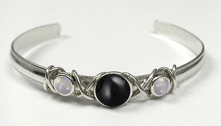 Sterling Silver Hand Made Cuff Bracelet With Black Onyx And Rainbow Moonstone